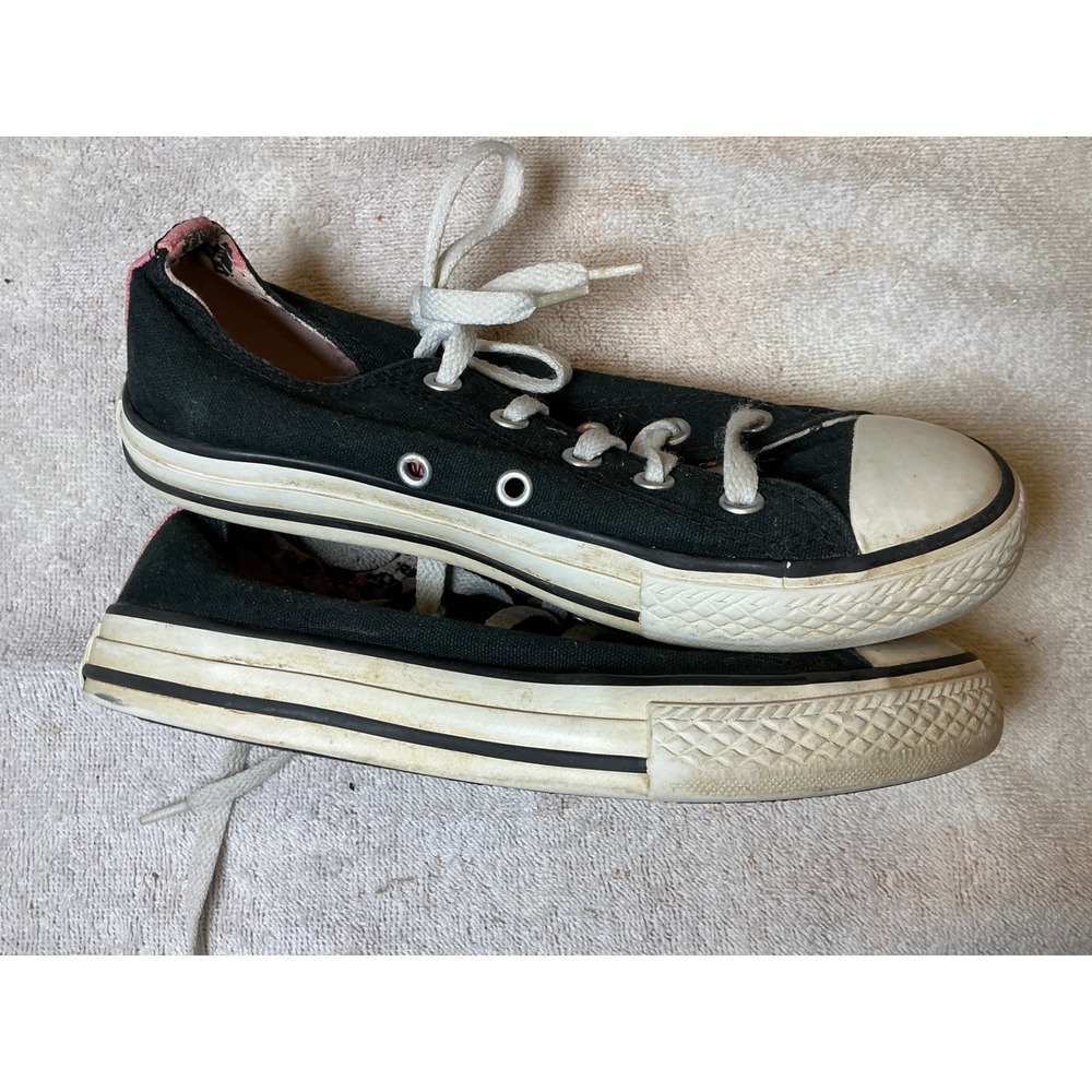 Converse All Star Low Top Black Canvas Sneakers Youth Size 2 Pink Heel Accent - Picture 4 of 5